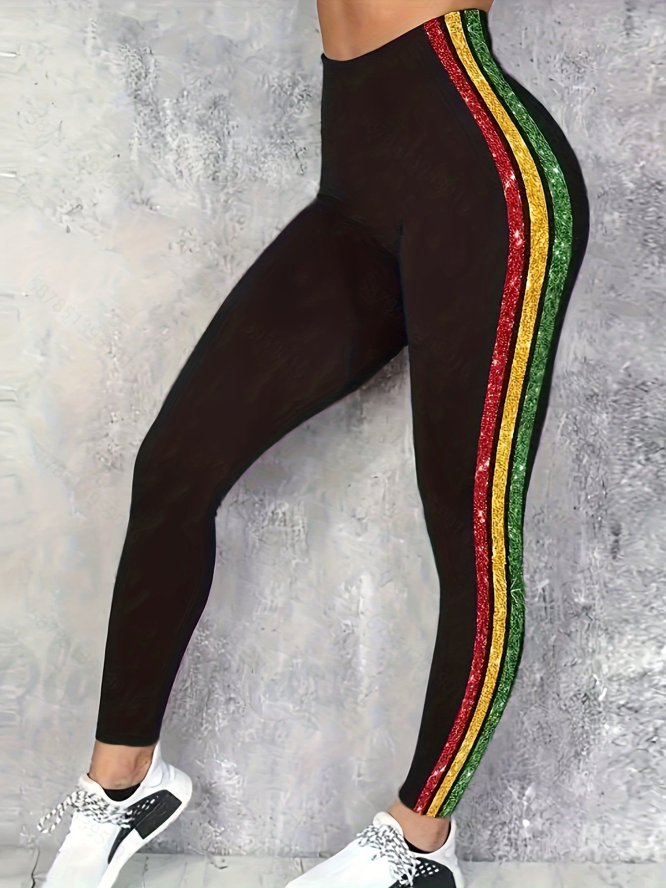  Glitter Stripe Print Stretch Skinny Leggings