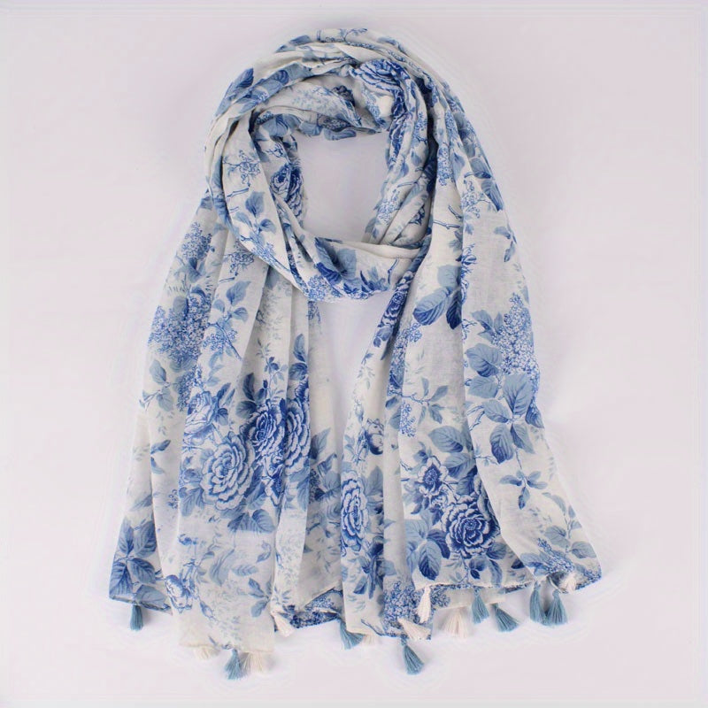 Light Tassel Scarf Classic Flower Pattern Shawl Casual Windproof Head Wrap