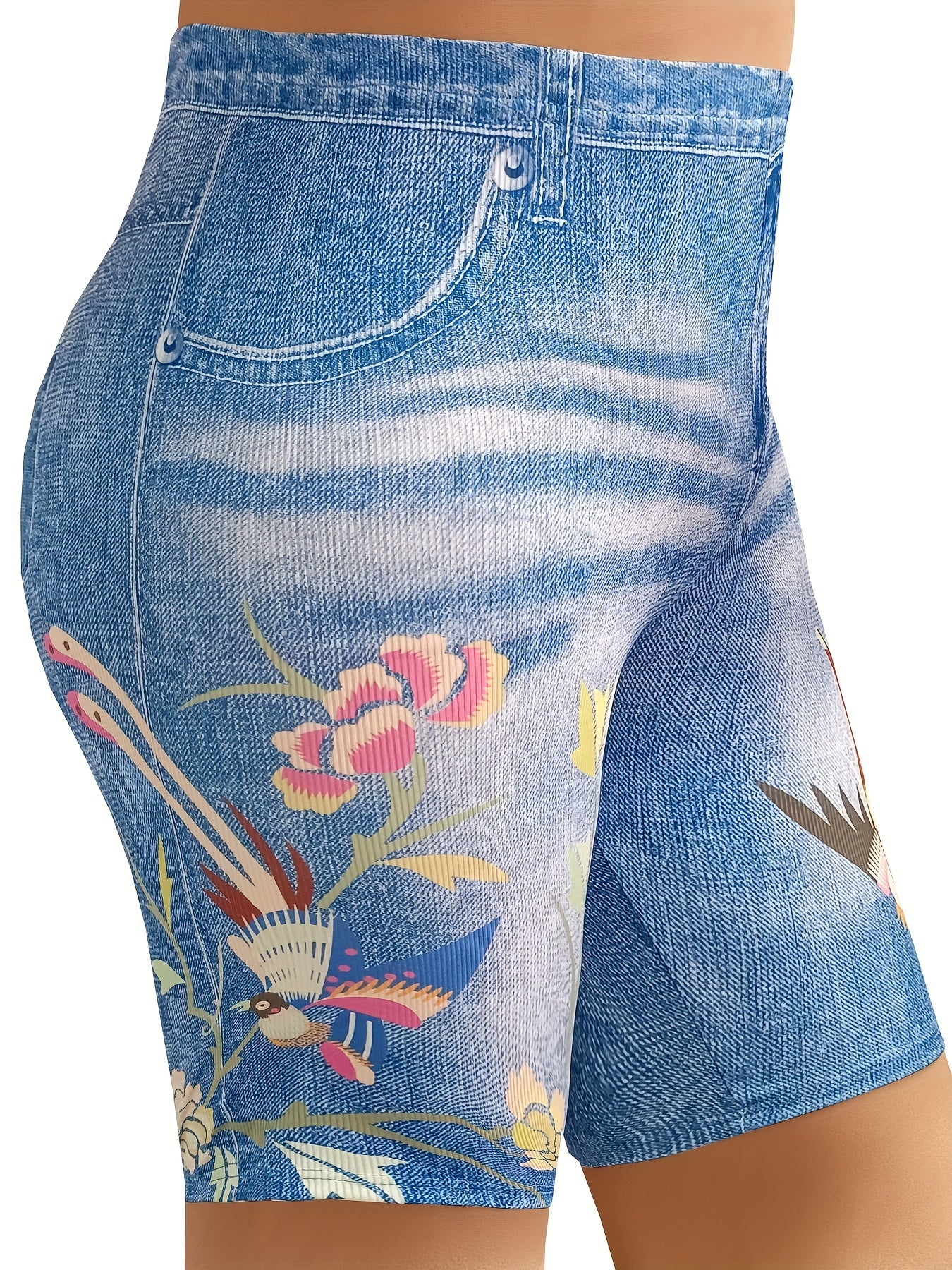 Women's Plus Floral & Denim Print High Rise Skinny Shorts