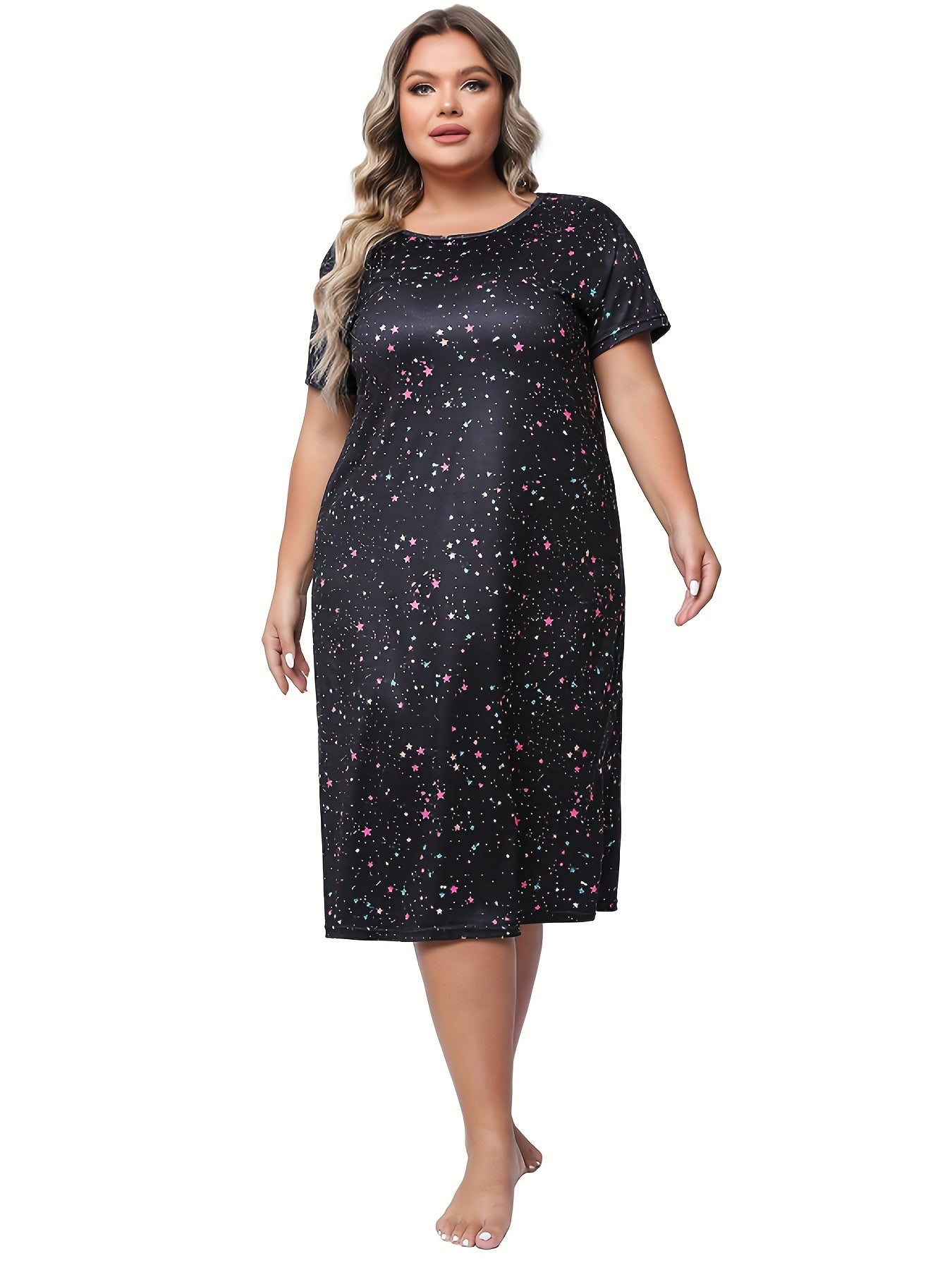  Star Print Lounge Dress Short Sleeve Round Neck Nightdress
