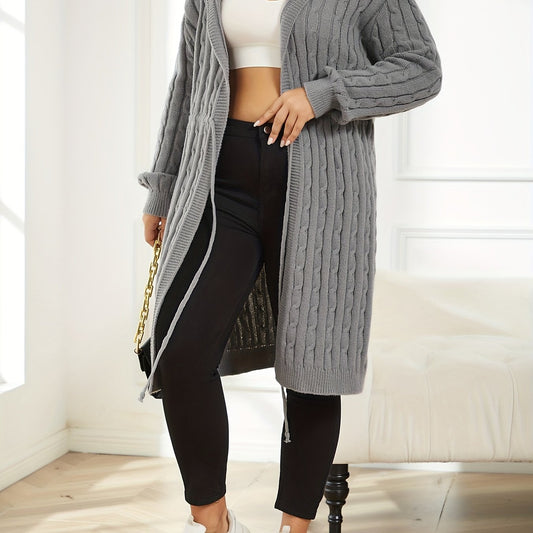  Cable Knit Hooded Cardigan Long Sleeve Drawstring