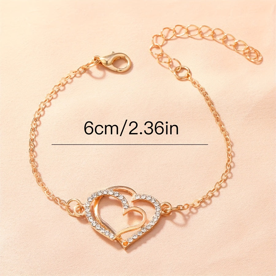 Golden Double Heart Ladies Bracelet Zircon Inlay Romantic Hand Jewelry Gift