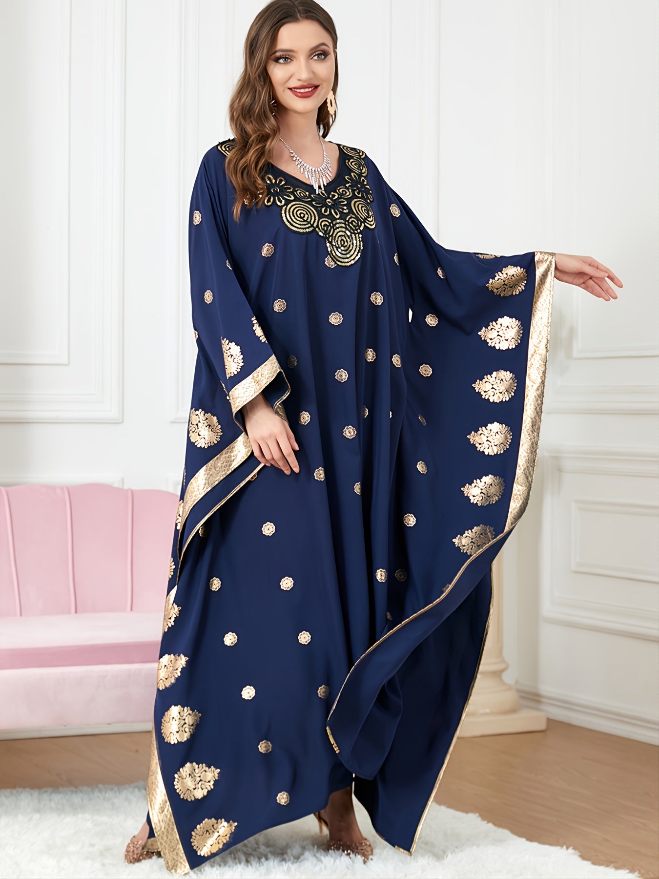  Batwing Sleeve Abaya Long Dress Women's Plus Loose Fit Round Neck Abay
