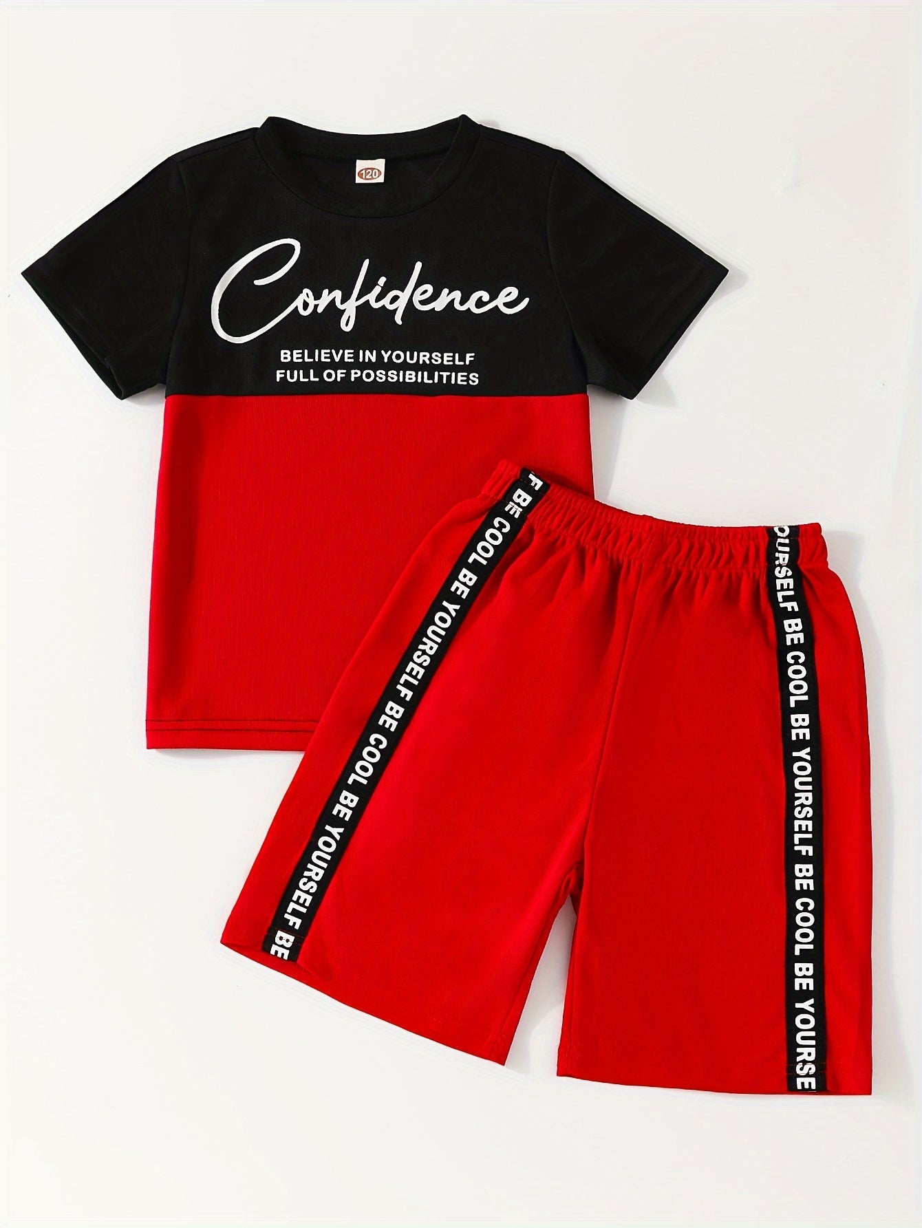 Boys' T Shirt and Shorts Set, Elastic Waistband, Contrast Letter Print