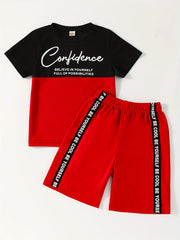 Boys' T Shirt and Shorts Set, Elastic Waistband, Contrast Letter Print