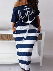 Women's Plus Anchor & Letter Print T shirt & Strip Slim Fit Skirt 2pcs Set