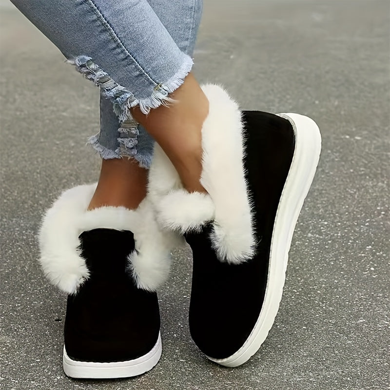 Women's Plush Winter Snow Boots Slip on Flat Shoes
