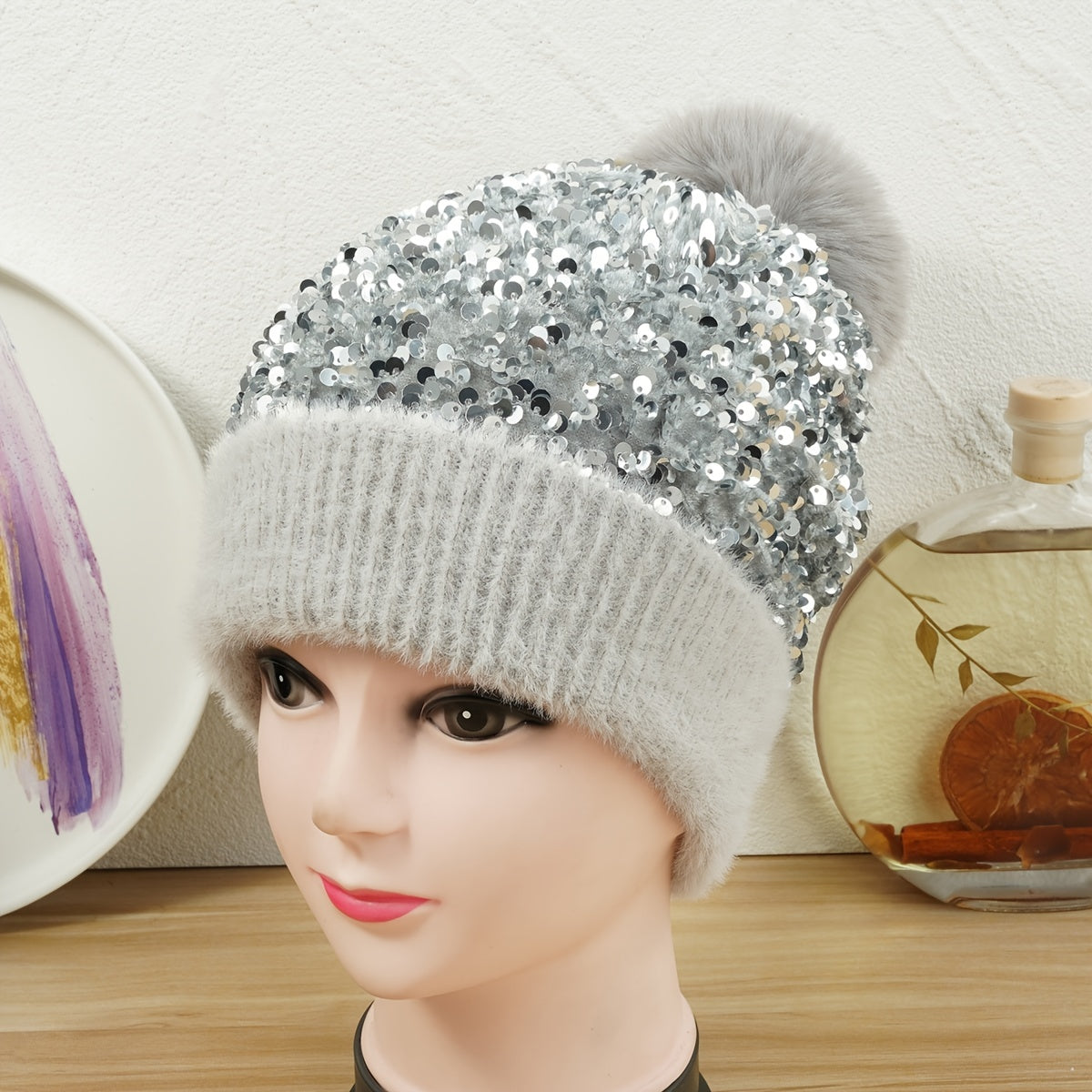 Sequins Knitted Beanie Hat for Women Ear Protection Warm Winter Gift