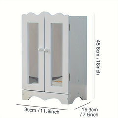 Wooden Dolls Wardrobe with 6 Hangers & Mirror