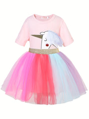 2 Pcs Toddler Girls Unicorn Top T Shirt Rainbow Tutu Skirt Set