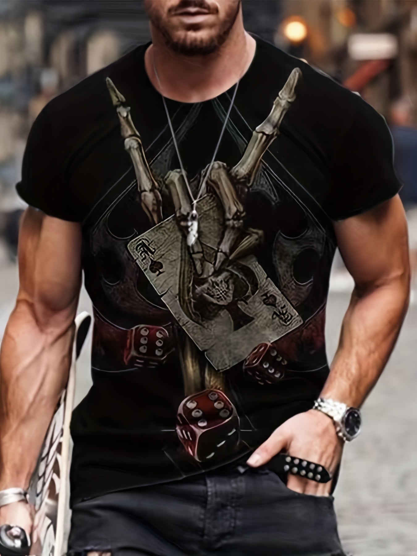 Men's Skeleton & Cards 3D Print T Shirt Crew Neck