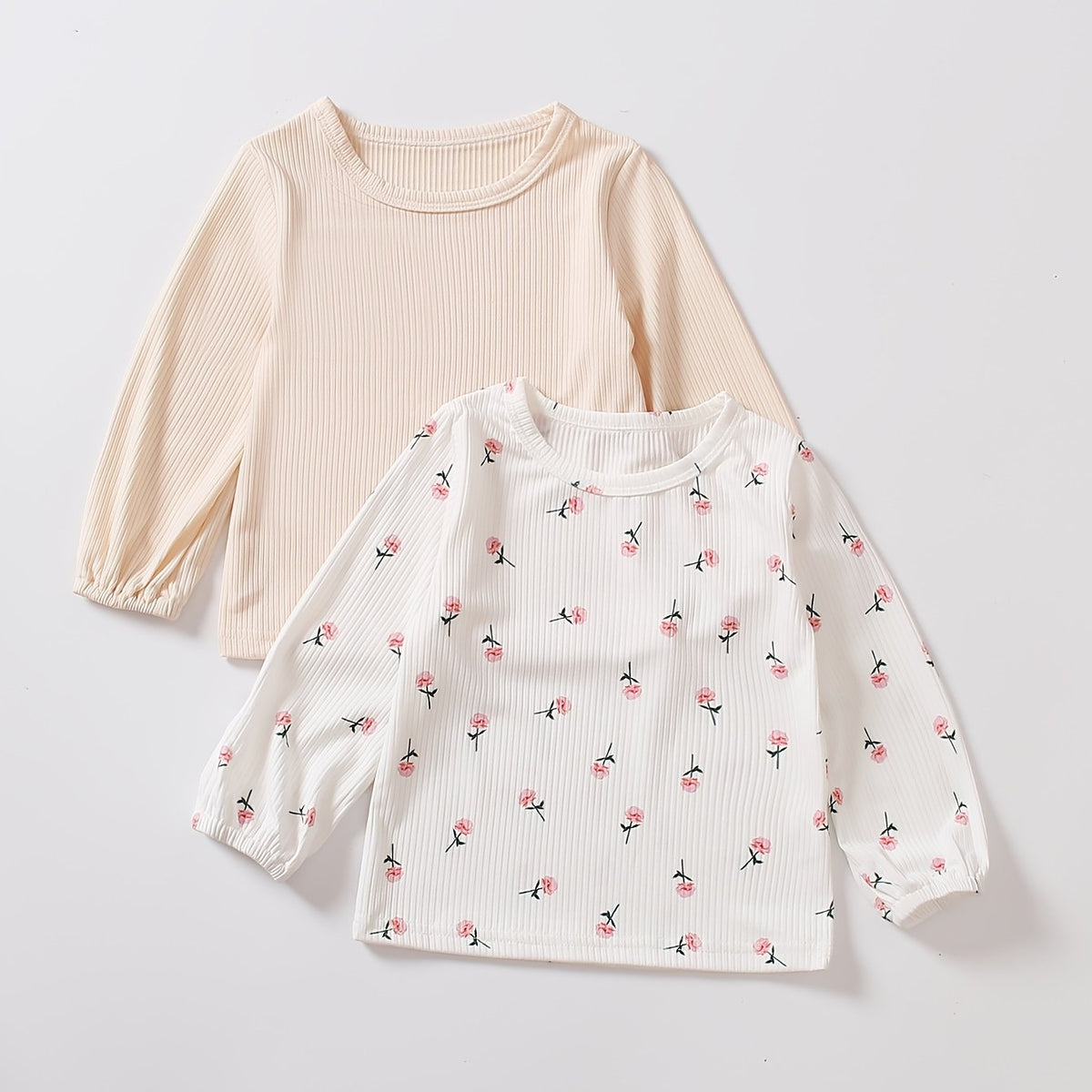 2pcs Little Kids Modest Floral Print Long Sleeve Tees Tops