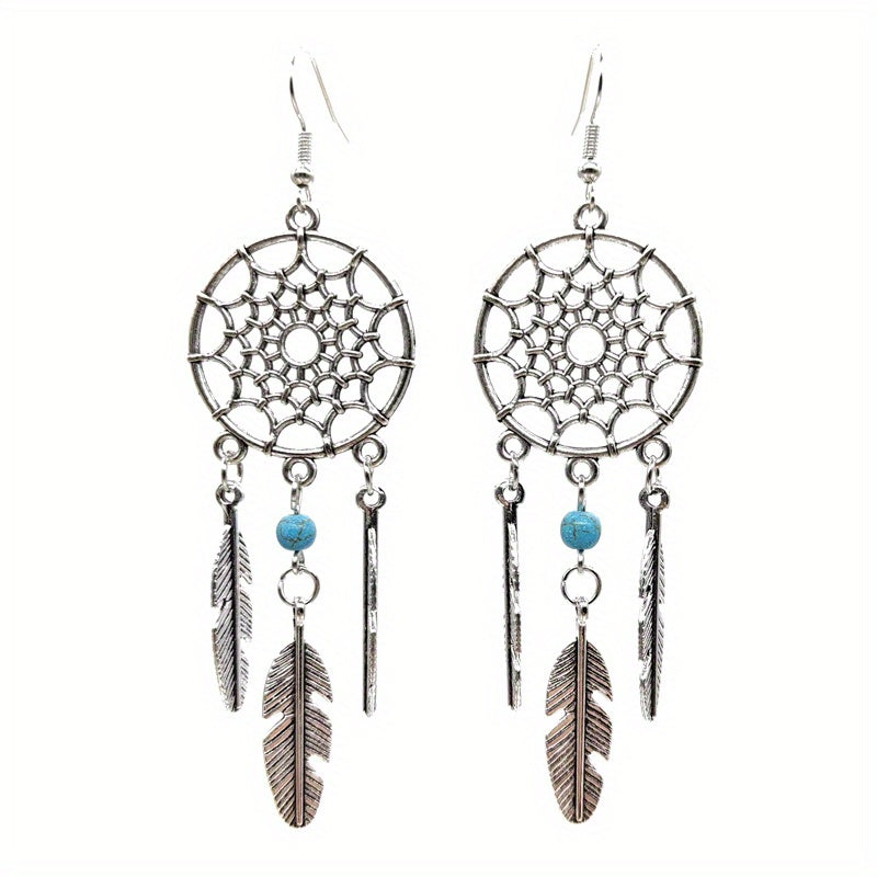 Feather Pine Stone Dream Catcher Earrings Vintage Ear Jewelry
