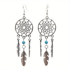 Feather Pine Stone Dream Catcher Earrings Vintage Ear Jewelry