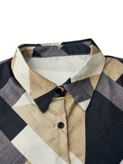  Geometric Print Lapel Collar Blouse