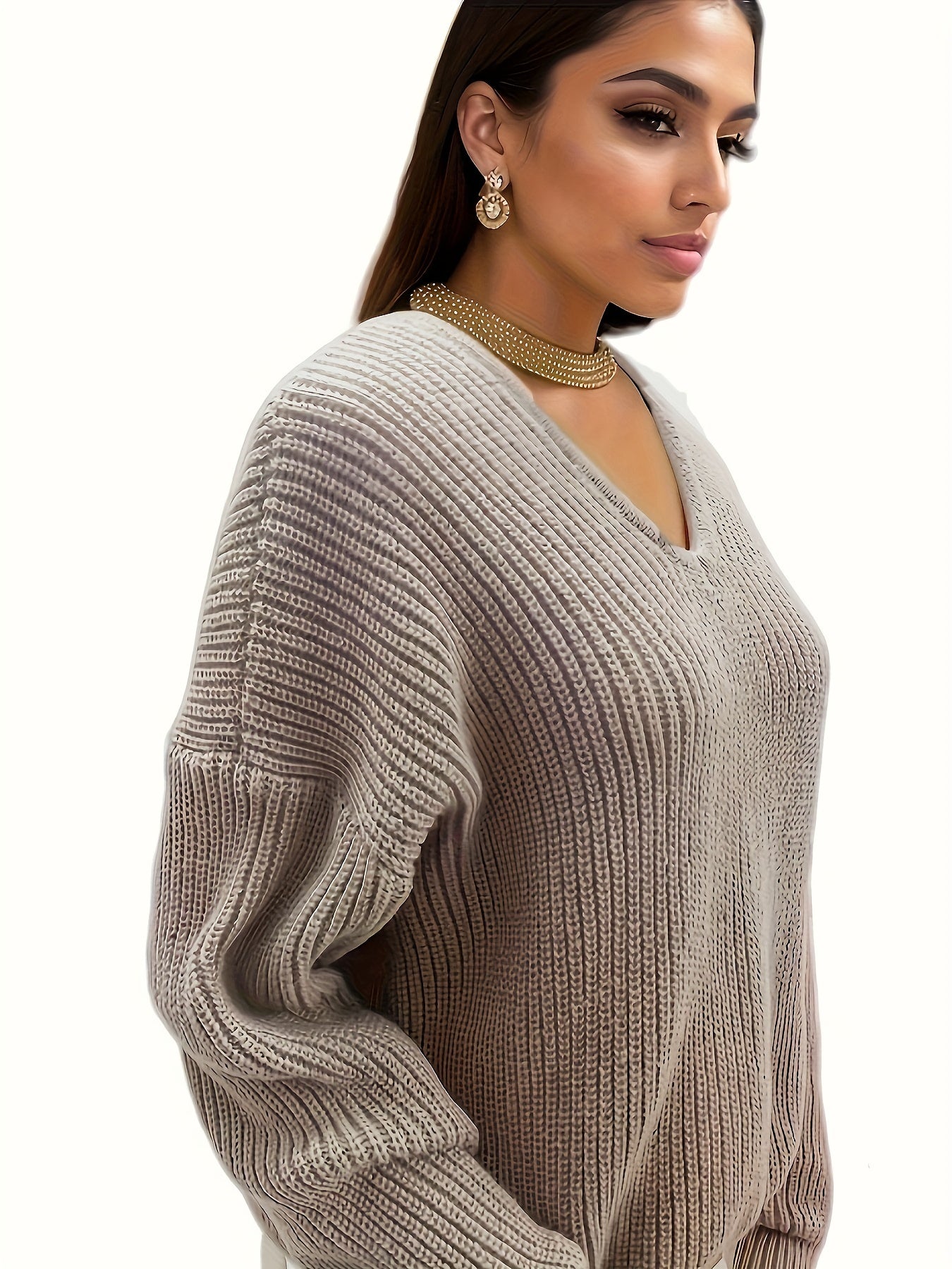 Solid V Neck Long Sleeve Knitted Sweater for Women