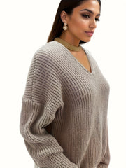 Solid V Neck Long Sleeve Knitted Sweater for Women