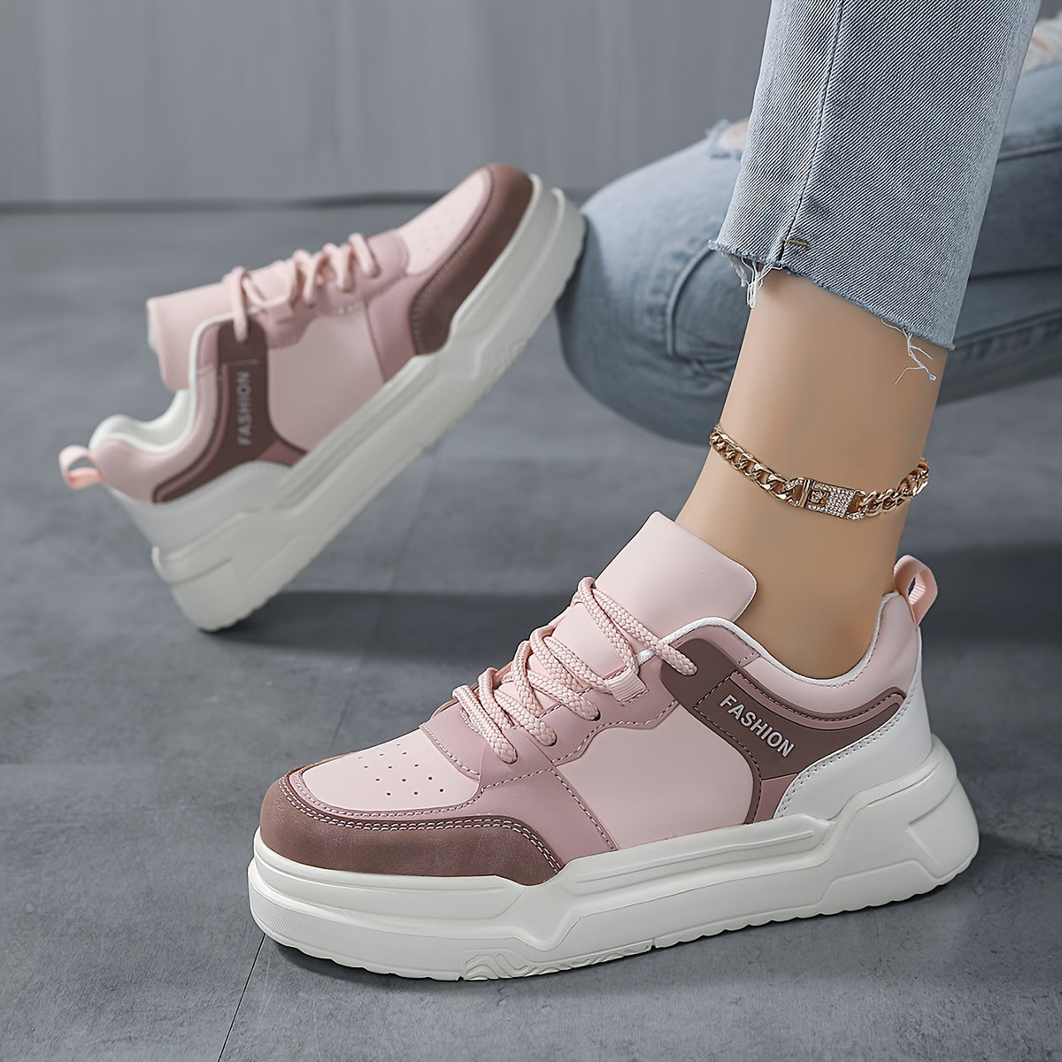 Women's Chunky Sneakers Faux Leather Non Slip Flat Skate Shoes