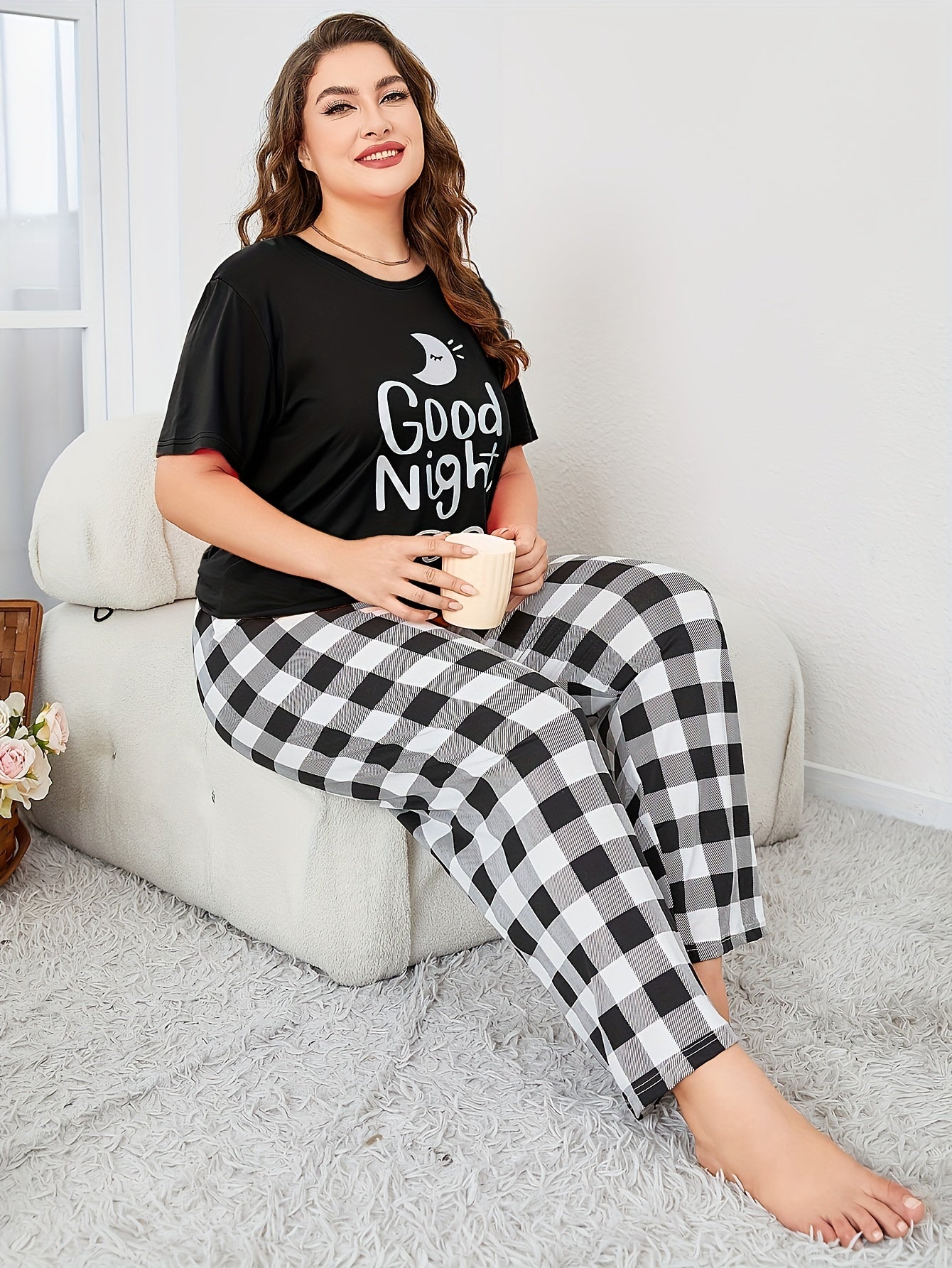  Moon & Slogan Print Short Sleeve Pajama Set