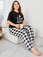  Moon & Slogan Print Short Sleeve Pajama Set