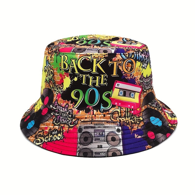 Retro 90S Print Bucket Hat Magnetic Strap Sun Hat Beach Basin Hat