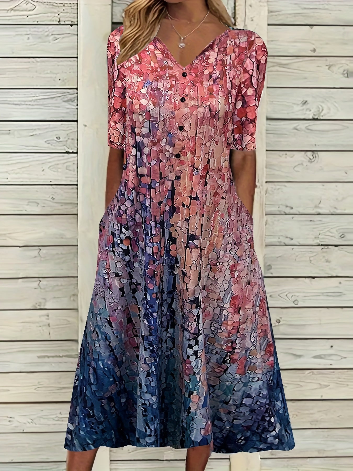  Allover Print Short Sleeve V Neck Dress With Pockets