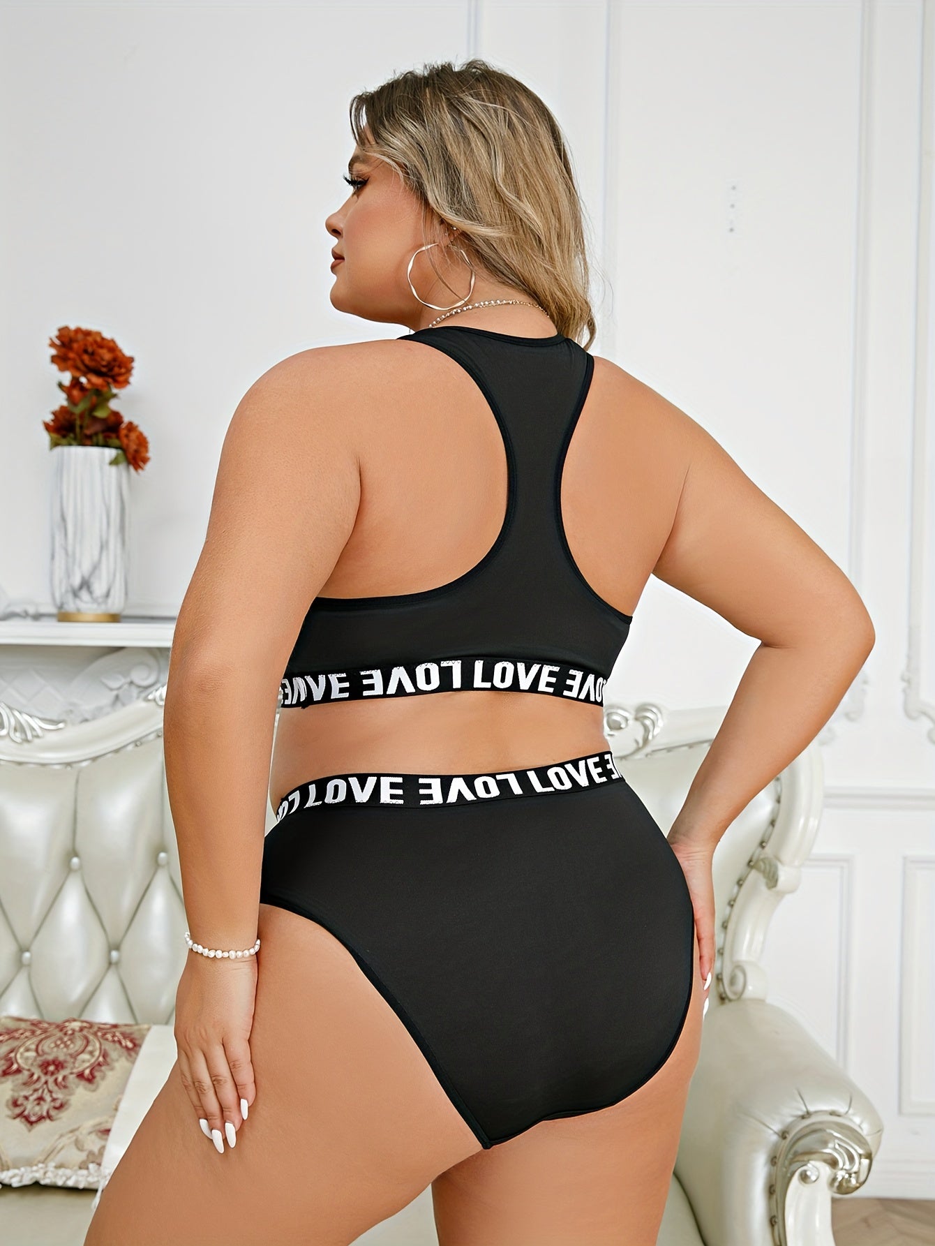  Casual Lingerie Set: Letter Tape Racer Back Bra & Underwear