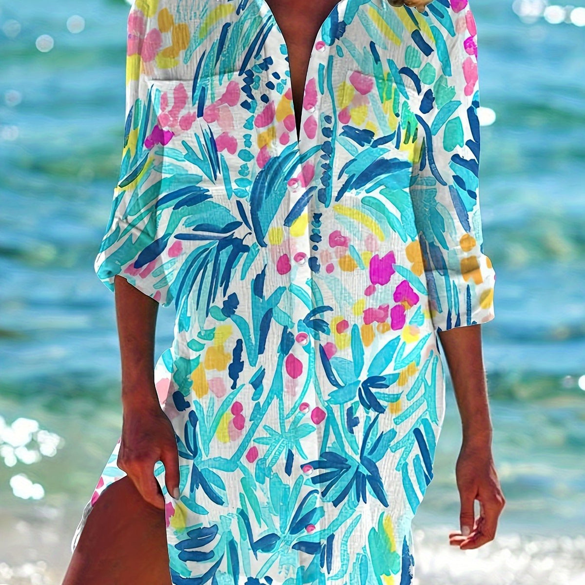  Abstract Print Button Up Long Sleeve Shirt Dress
