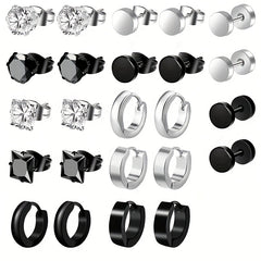 24pcs Men's Punk Stainless Steel Earrings Set