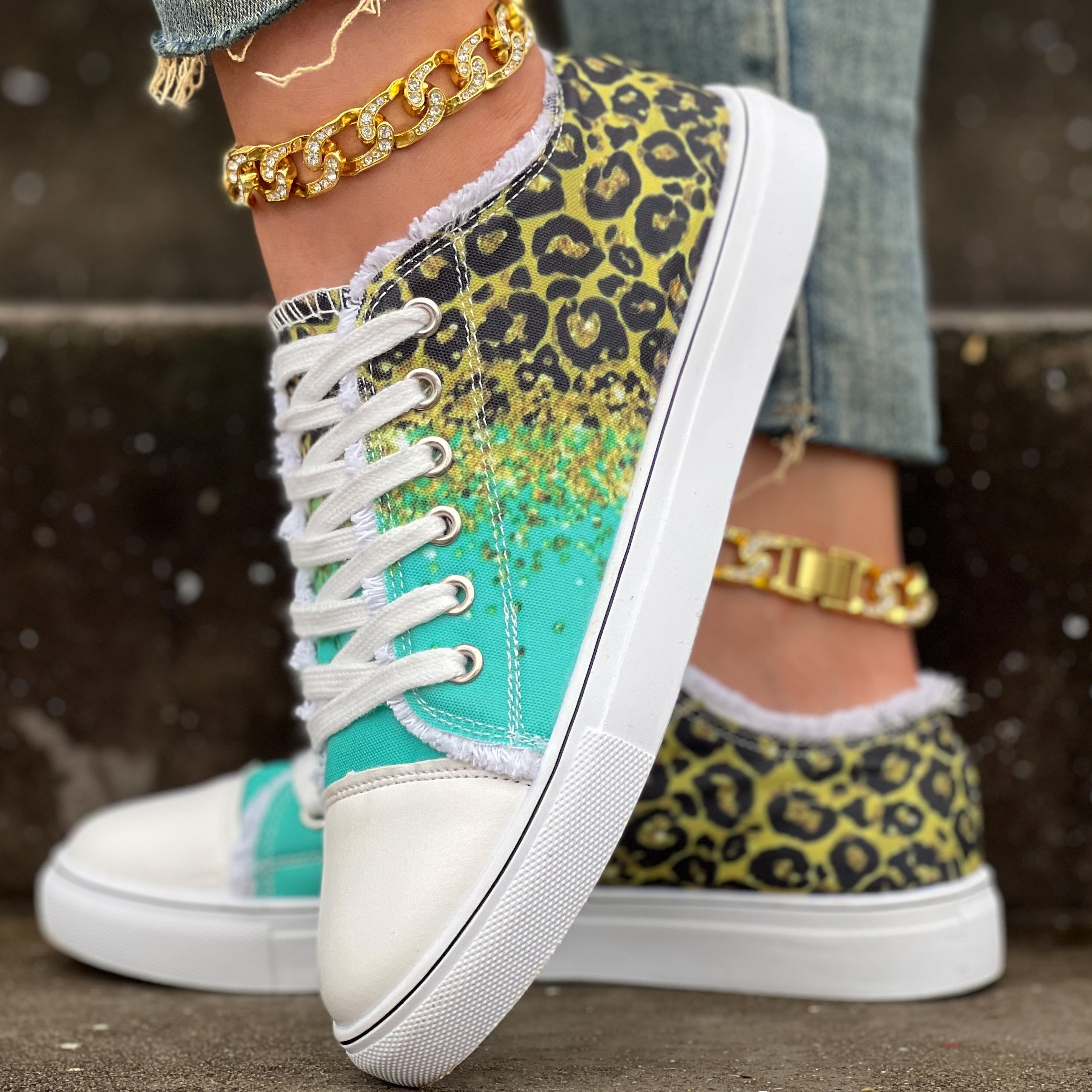 Leopard Print Glitter Lace Up Canvas Sneakers