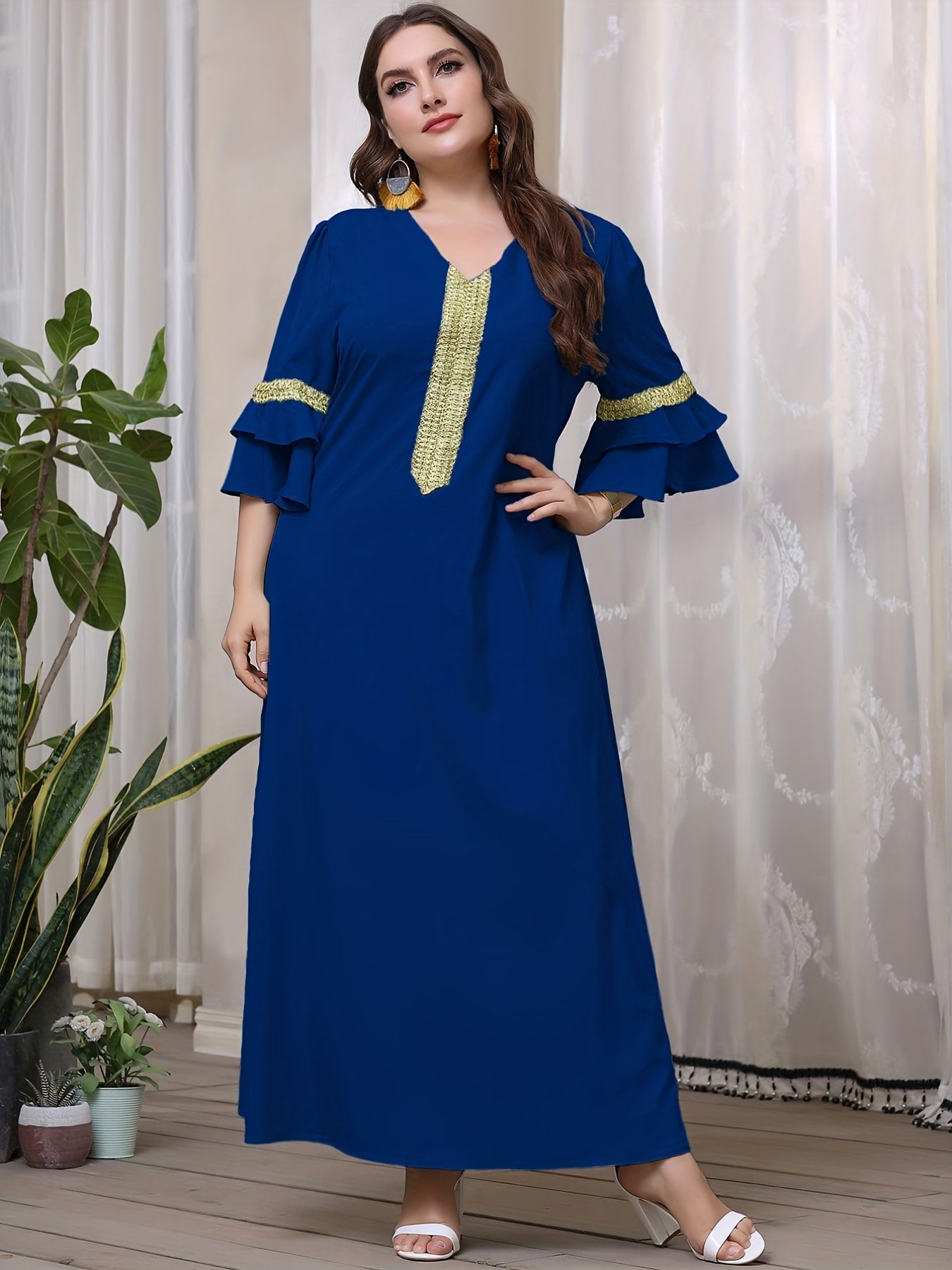 Sequin Decor Layered Sleeve V Neck Maxi Dress