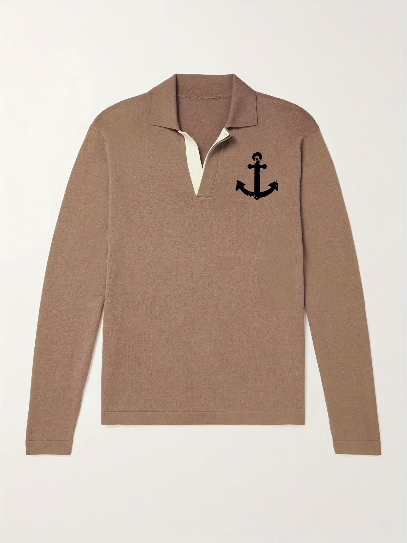 Anchor Pattern Knit Polo Shirt Men's Casual Lapel V Neck Pullover