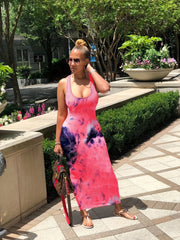 Tie Dye Print Maxi Dress Backless Bodycon Sleeveless