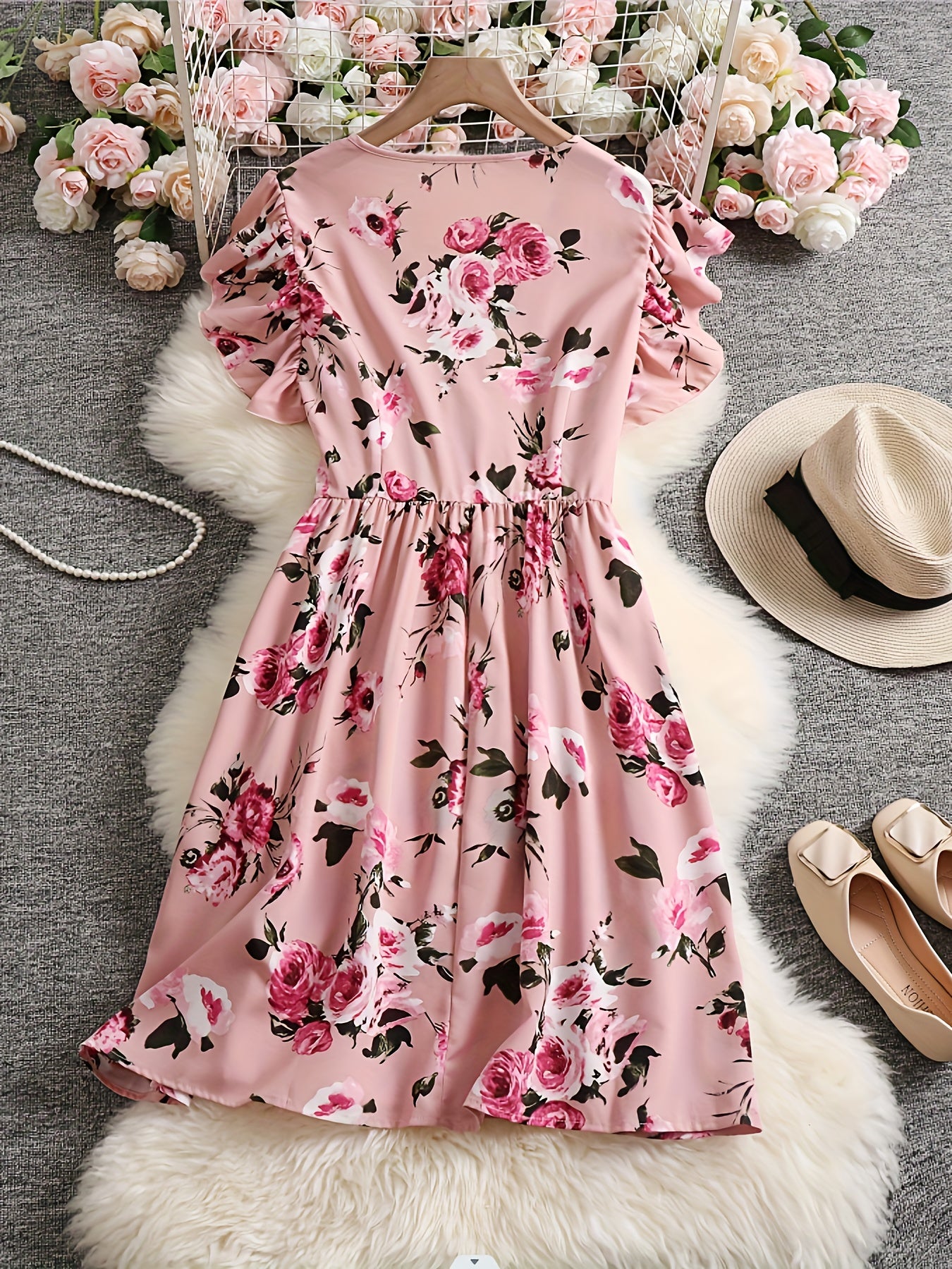 Women's Floral Ruffle Sleeve Dress