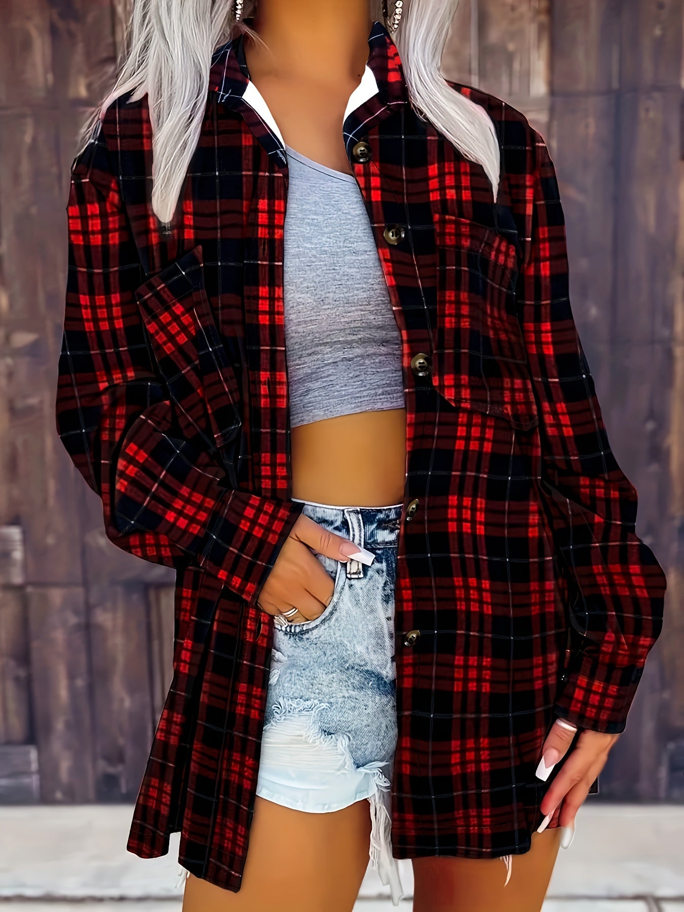  Plaid Print Long Sleeve Tunic Shirt Top