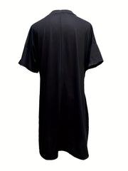  Abstract Print Short Sleeve V Neck Dress With Pockets