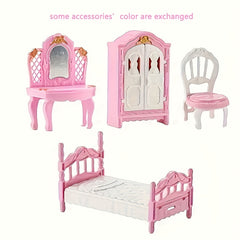 Pink Dollhouse Furniture Set for Kids - 3 Room Miniature Playhouse