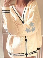  Stripe & Star Print Button Up Long Sleeve Cardigan