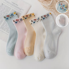 5 Pairs Floral Print Crew Socks Women's Stockings & Hosiery