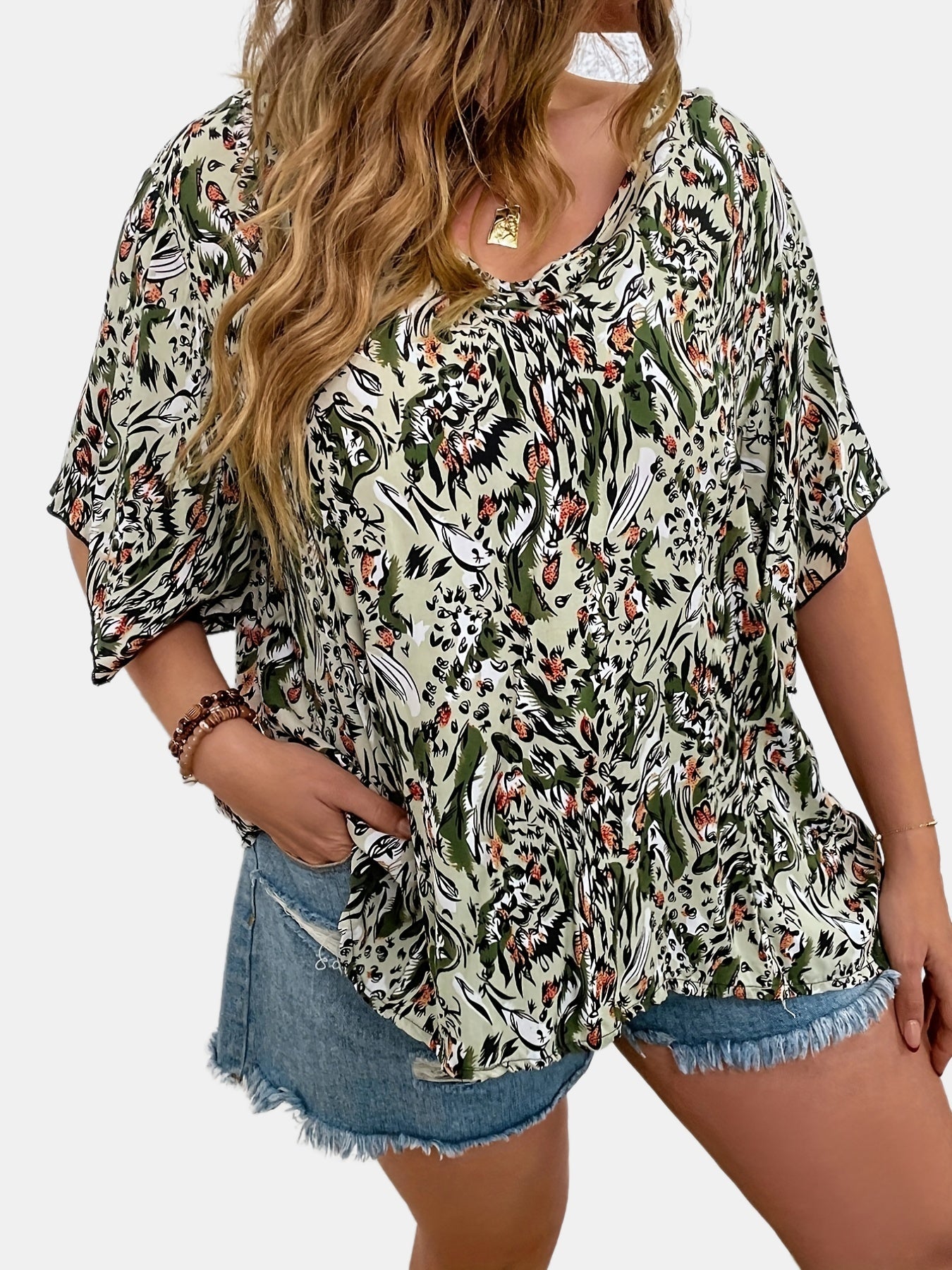  Allover Print Flutter Sleeve V Neck Blouse