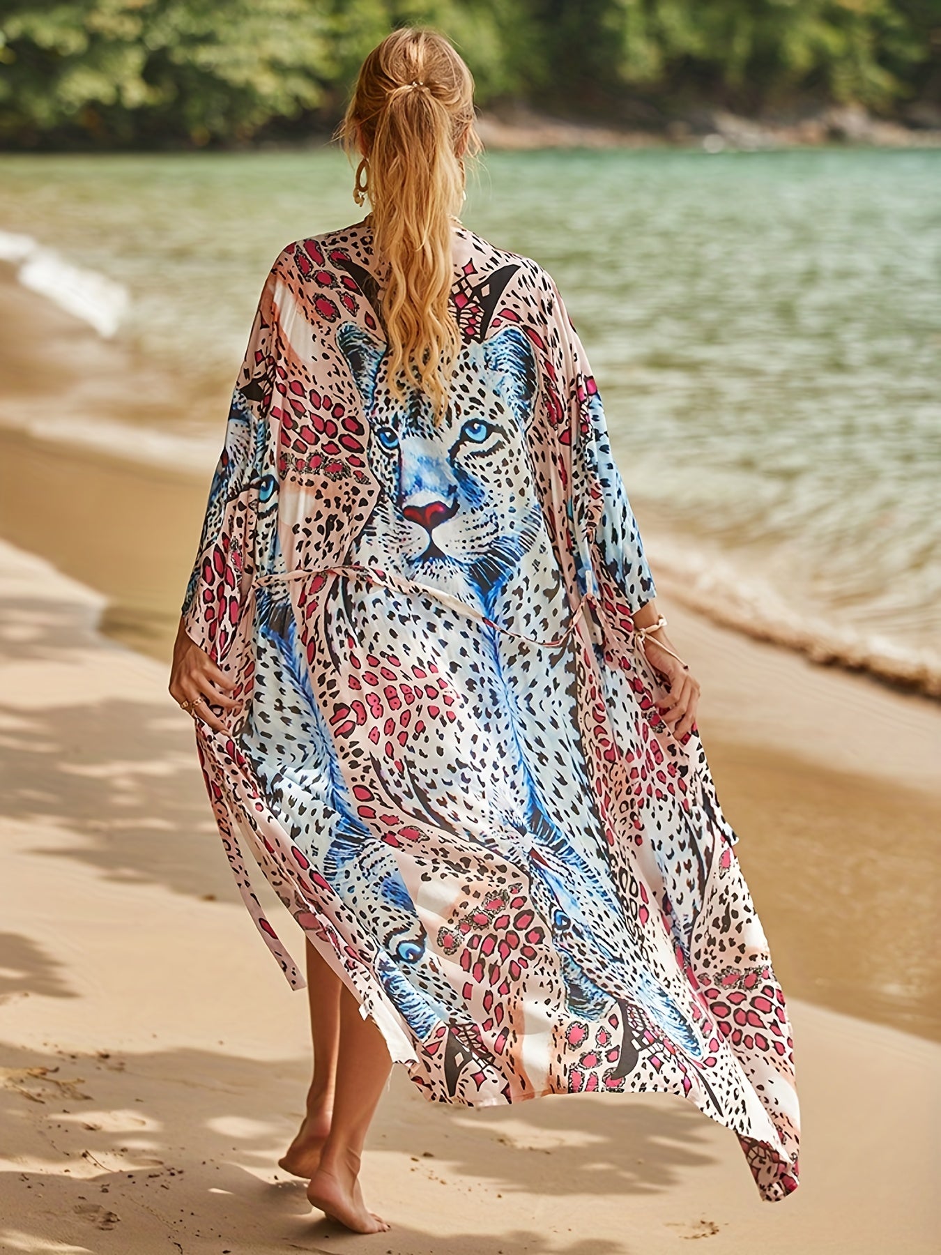  Wild Animal Print Bat Sleeve Cover Up Robe