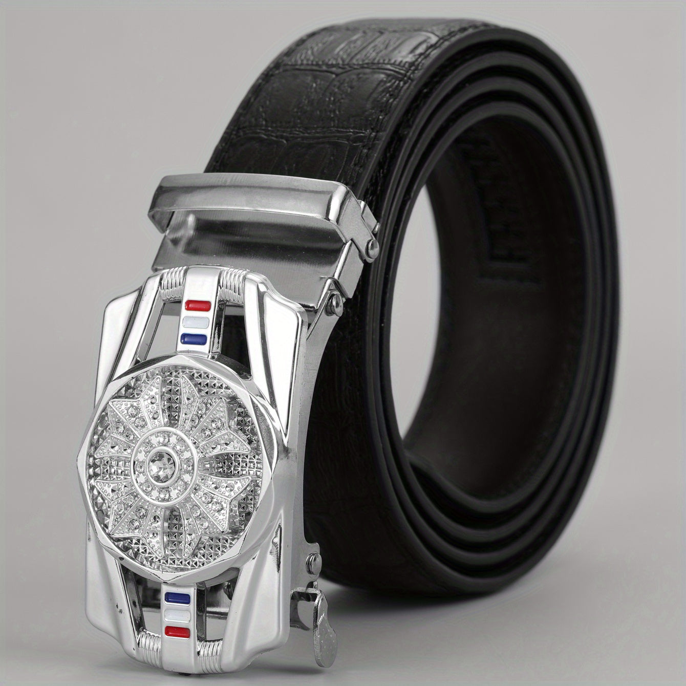 Men's PU Leather Automatic Buckle Belt with Flower Decor