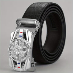 Men's PU Leather Automatic Buckle Belt with Flower Decor