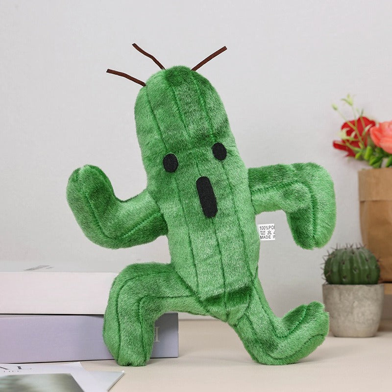 Green Cactus Plush Toy 9in Whimsical Desk Decor Eyes & Mouth