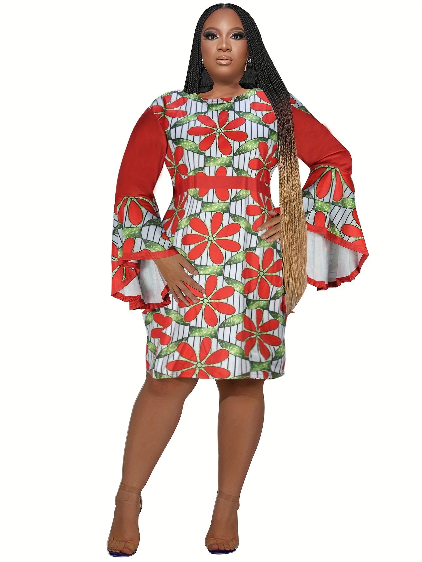  Geometric Print Bell Sleeve Round Neck Dress