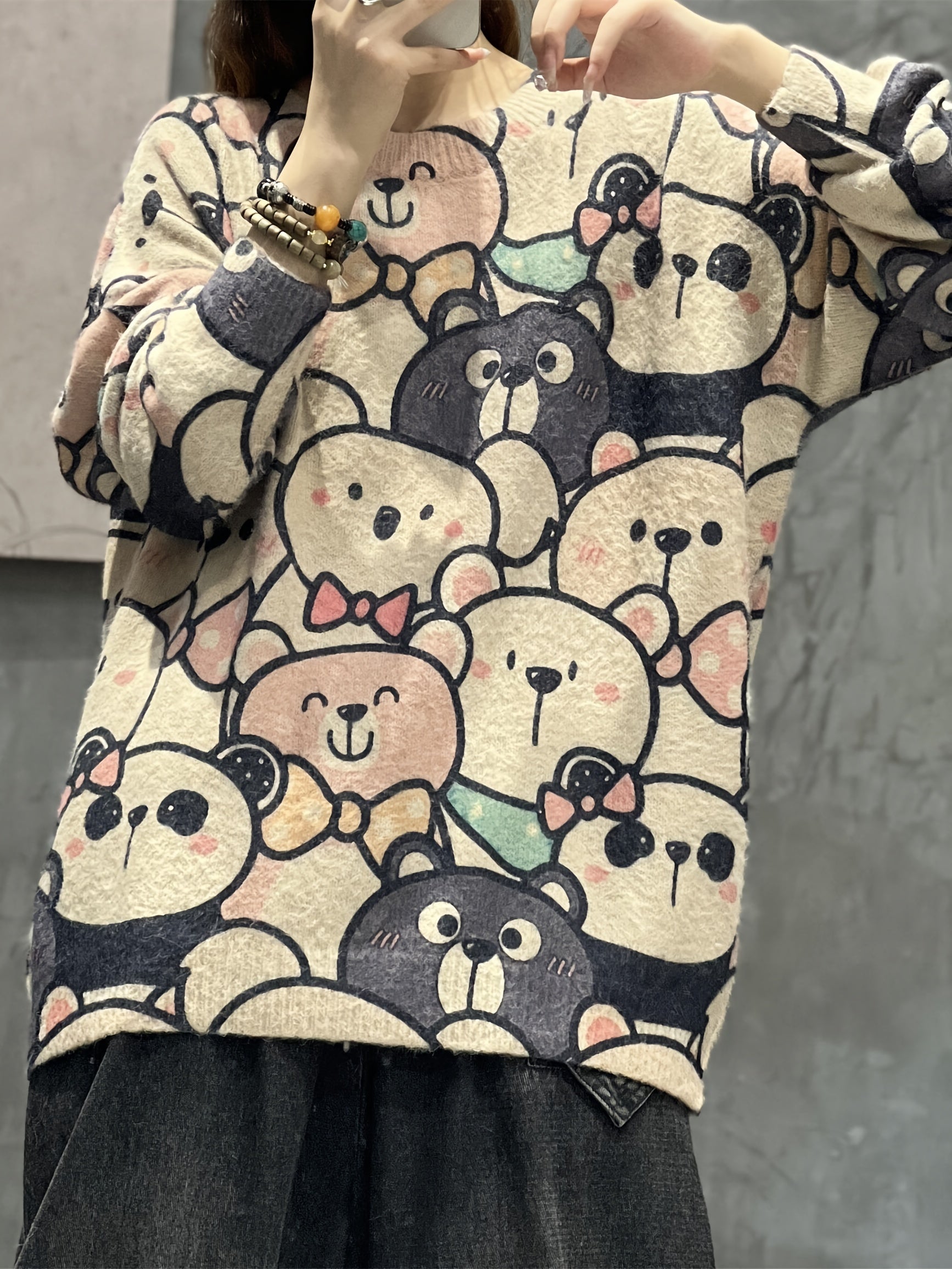 Bear Print Long Sleeve Round Neck Sweater