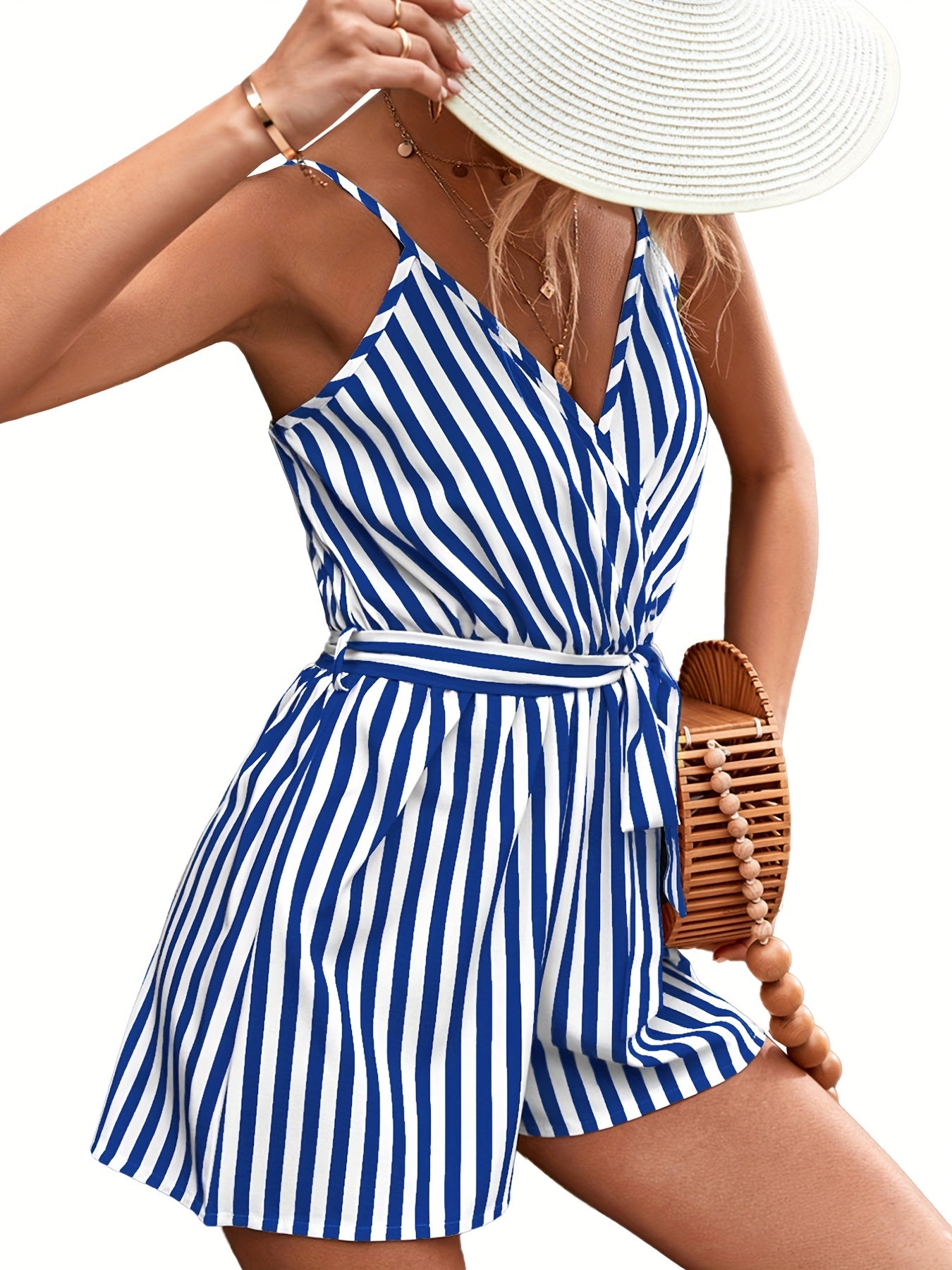 Striped Belted Cami Romper Jumpsuit V neck Women's Clothing