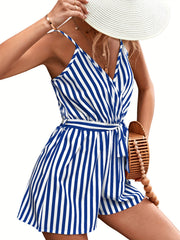 Striped Belted Cami Romper Jumpsuit V neck Women's Clothing