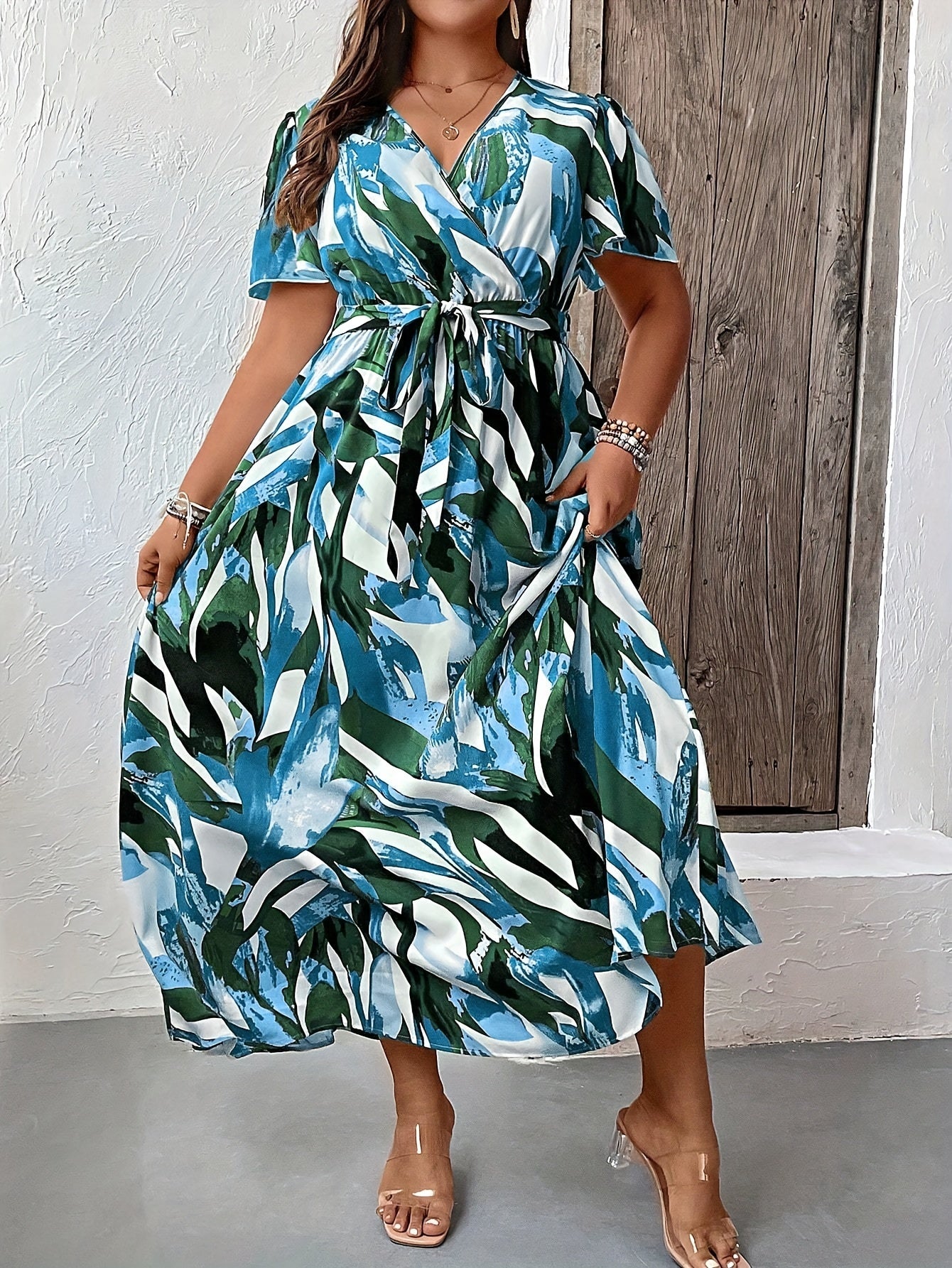  Allover Print Short Sleeve Maxi Dress With Belt