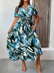  Allover Print Short Sleeve Maxi Dress With Belt